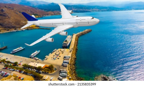 Airplane Landing Above Beautiful Beach And Sea Background