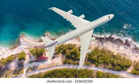 Airplane Landing Above Beautiful Beach And Sea Background