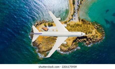 Airplane Landing Above Beautiful Beach And Sea Background