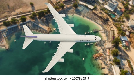 Airplane Landing Above Beautiful Beach And Sea Background