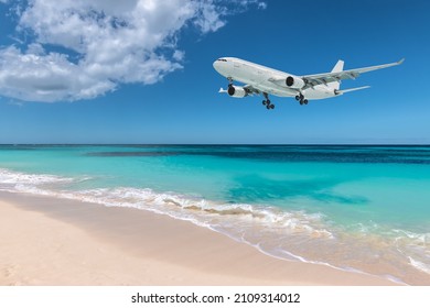 Airplane Landing Over Beautiful Beach.