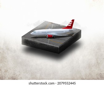 Airplane on the airport runway, cross section runway strip. 3D illustration isolated on light background