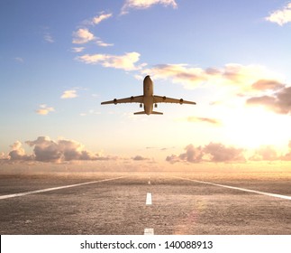 airplane on runway and looking at airplane in blue sky