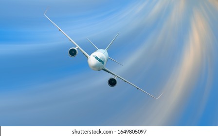 An Airplane Shakes During Turbulence Flying Air Hole - A Plane Spinning In Round Clouds - Front View Of An Airplane 