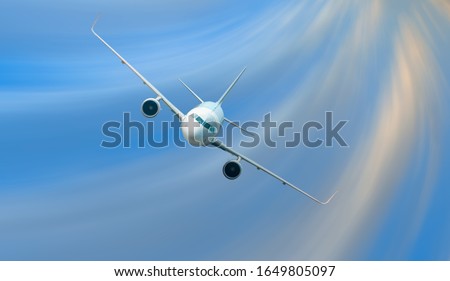 An airplane shakes during turbulence flying air hole - A plane spinning in round clouds - Front view of an airplane 