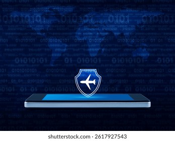 Airplane with shield icon on modern smart mobile phone screen over world map and computer binary code, Business travel insurance and safety online concept, Elements of this image furnished by NASA