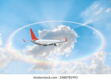 Airplane in the sky with amazing rounded rainbow (Halo) in the background stormy sky - Powered by Shutterstock