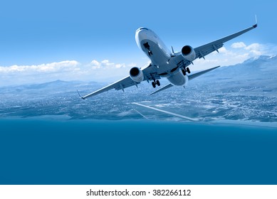 Airplane taking off from airport - Passenger airplane is flying over amazing mountains and sea  - Travel by air transport