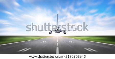 Airplane taking off from Airport runway at beautiful blue sky, Commercial plane and Travel concept, Aircraft with motion blurred Background, back view