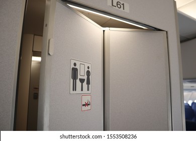Airplane toilet, Small toilet in the airplane  - Shutterstock ID 1553508236