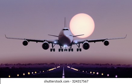 Airplane Touch Down During Sunset