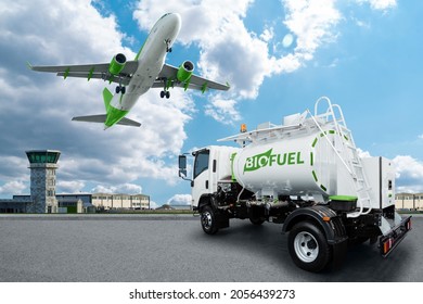 Airplane And Truck With Biofuel Tank On The Background Of Airport. New Energy Sources