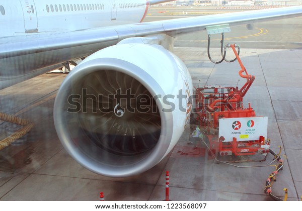 Airplane turbo engine fuelling , Terminal 3, UAE,\
Dubai, November, 07,\
2018