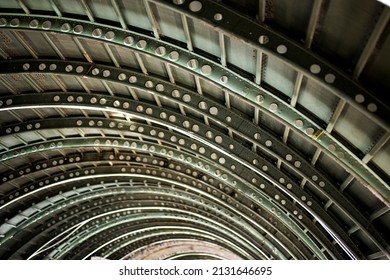 Airplane under heavy maintenance. Interior space of abandon aircraft. Photo of the inner structure of a decommissioned airline aircraft