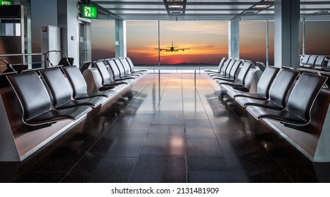 Airplane vacation concept: Empty waiting area with seats in the airport terminal.  - Powered by Shutterstock