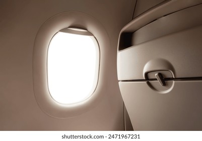 Airplane window from inside Passenger plane POV looking out , Isolated Windows Plane in back seat with clipping path - Powered by Shutterstock