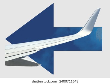 An airplane wing on top of an arrow depicting travel and movement