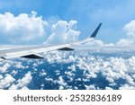 Airplane wing and sky cloudscape in stratosphere