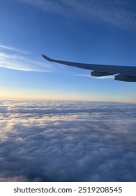 Airplane wing view in the clouds