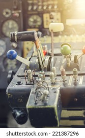 Airplane Yoke In A Small Vintage Aircraft, Closeup. Retro Colors