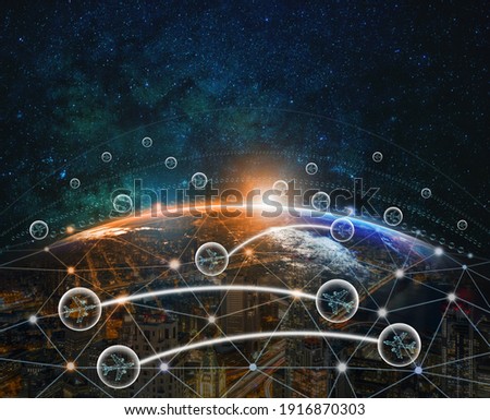 Airplanes in bubble between flying between two countries over Technology digital with the Network connection on Part of earth with sun rise over Top view of new work Cityscape, Travel Bubble concept