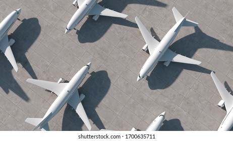 Airplanes Stand At The Airport. Aerial View. 3D Render