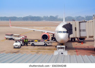 Airport Aerobridge Docked With An Airplane, Waiting For Taking Off From Chiang Mai International Airport, Thailand.