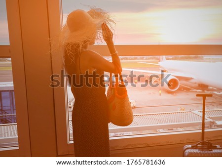 Airport Asian woman tourist boarding plane taking a flight,Trevel lifestyle of new normal concept