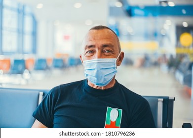 Airport Attractive Old Man Tourist Boarding Plane Taking A Flight  Wearing Face Mask. Coronavirus Flu Virus Travel Concept Banner Panorama.