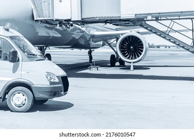 Airport Banner, Car With Worker For Preparation Of Airplane Before Departure, Blue Color.