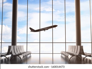 Airport With Big Window And Airplane