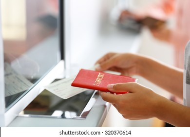 Airport Check-In Counters With Passengers  - Shutterstock ID 320370614