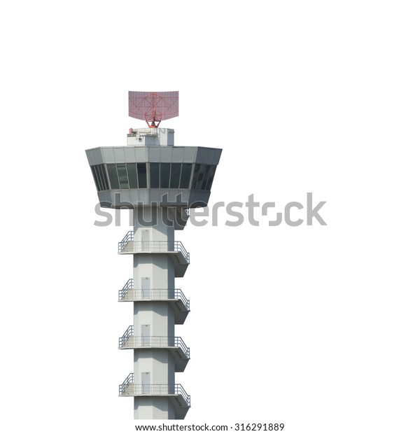 Airport control tower isolated on white background\
with clipping path