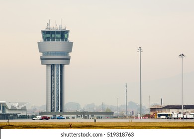 Airport control tower at Sofia's airport in a foggy weather.