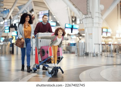 Airport, family and child excited for flight with suitcase trolley on holiday, vacation or immigration journey and travel. Luggage of mother, father or diversity parents with girl kid flying in lobby - Shutterstock ID 2267402745