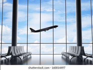 Airport Interior With Window And Airplane