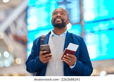 Airport, passport and black man with phone for ticket booking, schedule and flight information of business travel. Happy person thinking of airline journey with identity document and smartphone app - Powered by Shutterstock