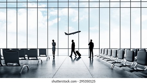 Airport With People And Airliner In Sky