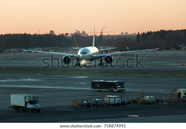 airport, the plane on takeoff, airplanes at\
beautiful sunset