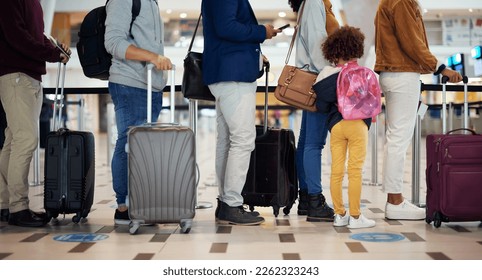 Airport queue, travel and people legs for international vacation, holiday or immigration with suitcase and kid. Line or group of women, men and child with luggage waiting for global flight schedule