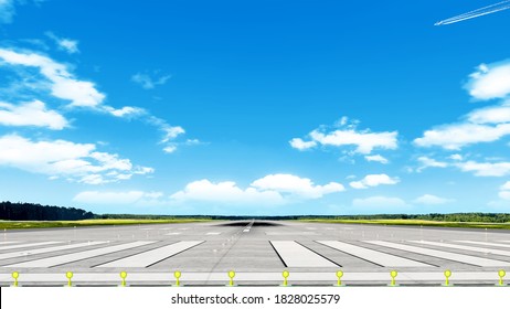 Airport Runway On Grass Airfield Against Blue Sky With Clouds Background. Front Perspective View Of Modern Concrete Runway Threshold With Accurate Markings And Lights. Design Backdrop