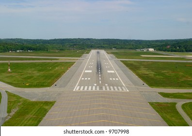 Airport Runway On Landing Approach. Taken From Cockpit Of Small Private Plane.