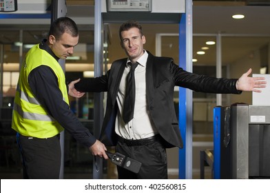 Airport Security Check At Gates With Metal Detector And Scanner 