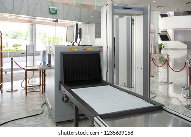 Airport Security Check Point With Metal Detector And X Ray Scaner