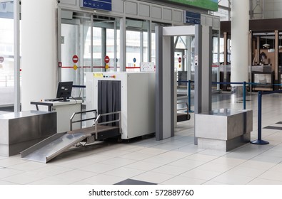 Airport Security Check Point With Metal Detector And X Ray Scaner