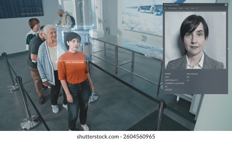 Airport Security Checkpoint: Queue of Multiethnic People Passing Biometric Facial Recognition at Passport Control. Advanced AI AI Big Data Scanning Technology. Passengers Screening for Boarding Flight