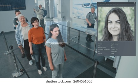 Airport Security Checkpoint: Queue of Multiethnic People Passing Biometric Facial Recognition at Passport Control. Advanced AI AI Big Data Scanning Technology. Passengers Screening for Boarding Flight