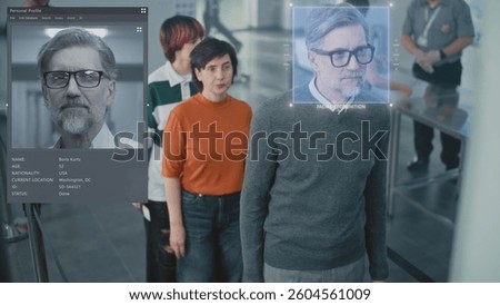 Airport Security Checkpoint: Queue of Multiethnic Passengers Passing Biometric Facial Recognition at Passport Control. Advanced AI Big Data Analyzing Technology. People Screening for Boarding Flight.