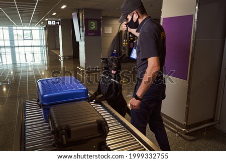 Airport security worker and detection dog checking luggage