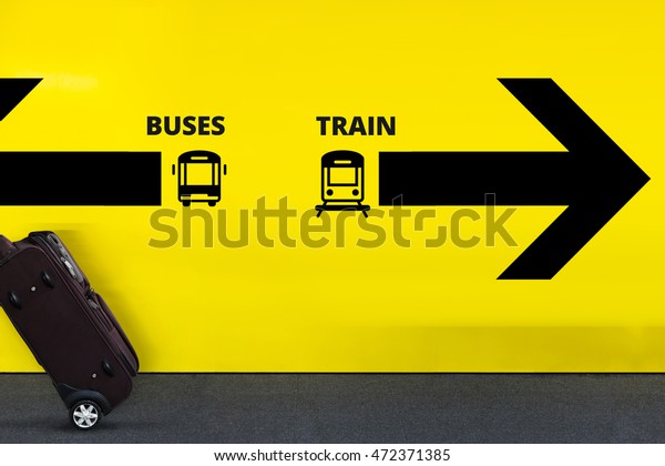 Airport Sign With Bus, Train Icon, Arrow and moving\
Luggage 